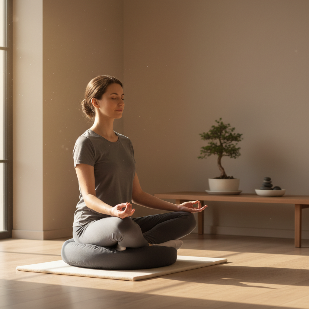 Person practicing mindfulness meditation for improved concentration Person practicing mindfulness meditation for improved concentration