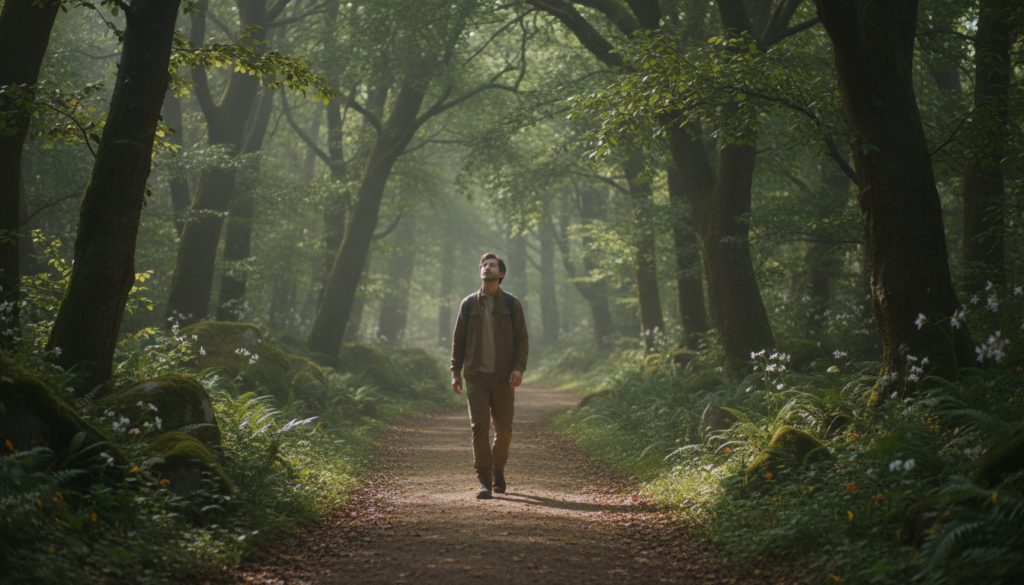 Person practicing stress relief through nature walk and mindfulness Person practicing stress relief through nature walk and mindfulness