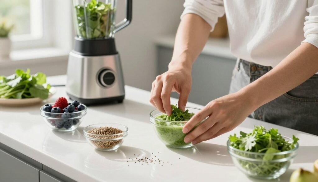 Person preparing smoothie ingredients with fresh produce organized on counter