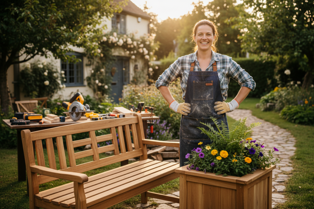 Person proudly standing next to completed garden woodworking project Person proudly standing next to completed garden woodworking project