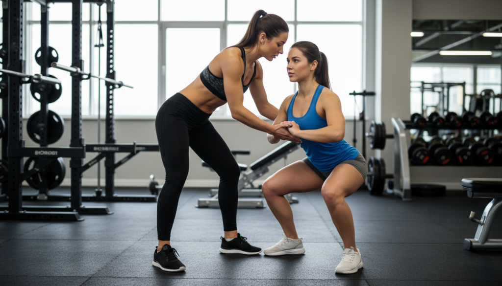 Personal trainer correcting woman's exercise form Personal trainer correcting woman's exercise form