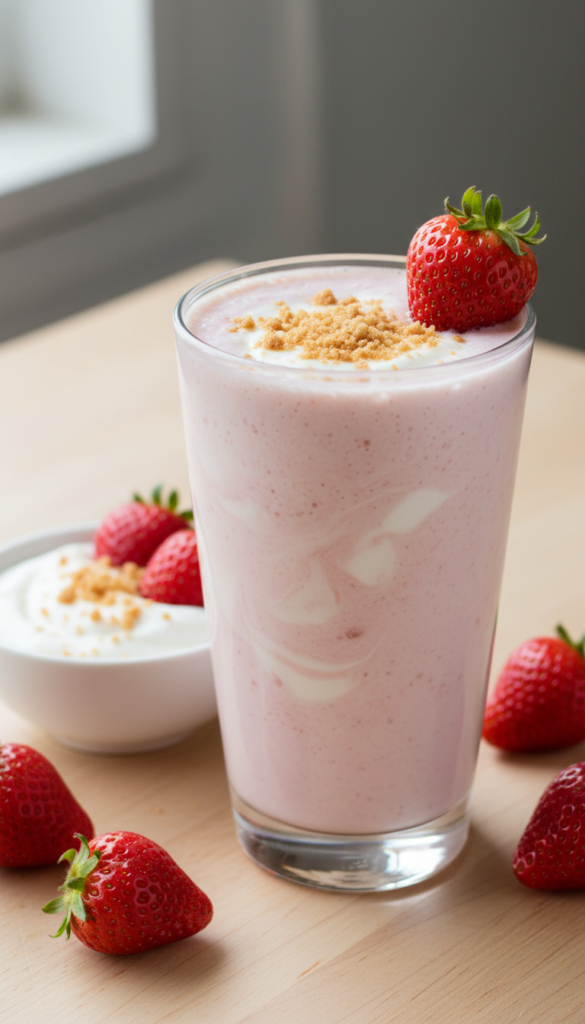 Pink strawberry smoothie with cream cheese swirl