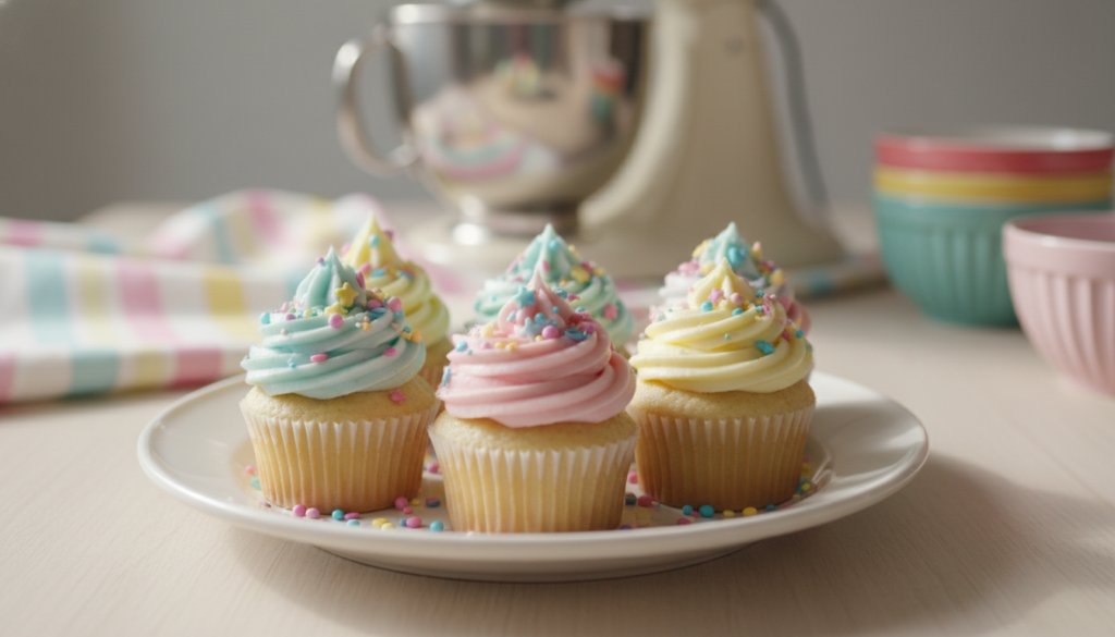 Plate of mini cupcakes with light frosting Plate of mini cupcakes with light frosting