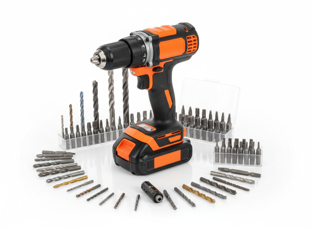 Power drill with various bits for furniture assembly Power drill with various bits for furniture assembly