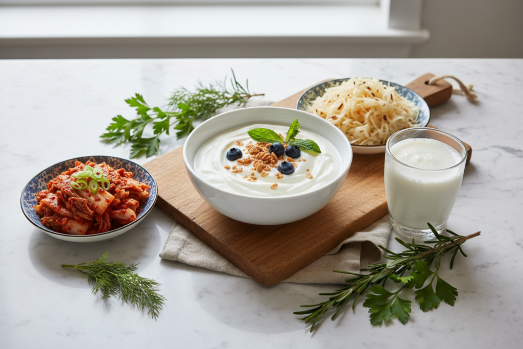 Probiotic foods yogurt and fermented vegetables for gut health