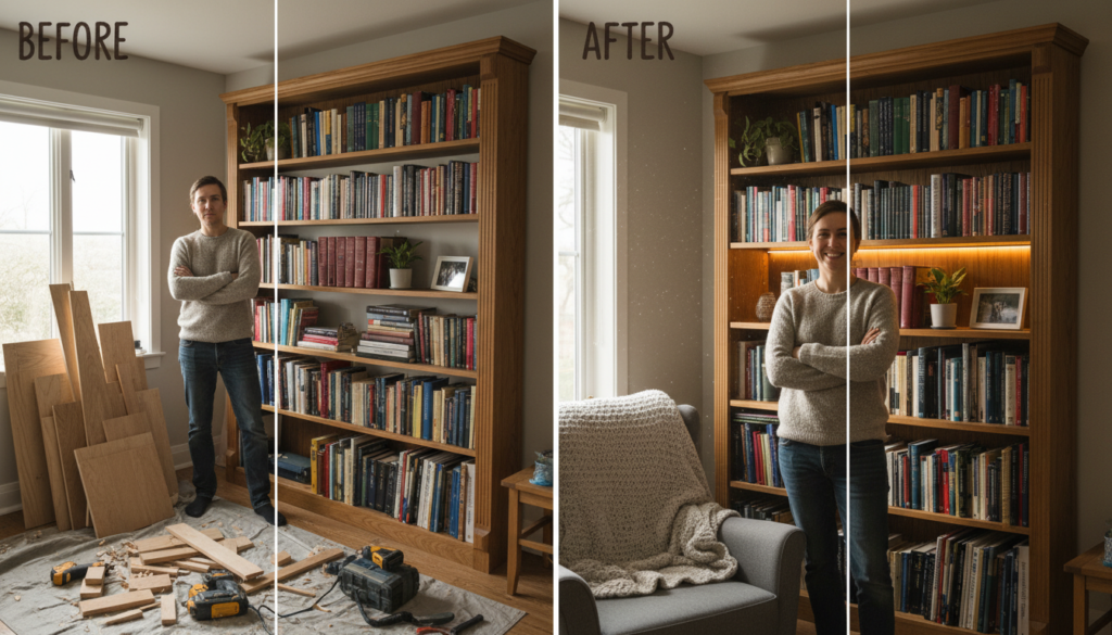 Proud homeowner standing beside completed custom DIY bookshelf project