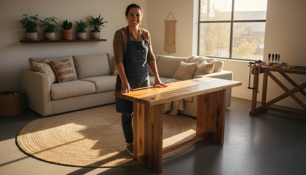Proud woodworker standing next to completed furniture project in home Proud woodworker standing next to completed furniture project in home