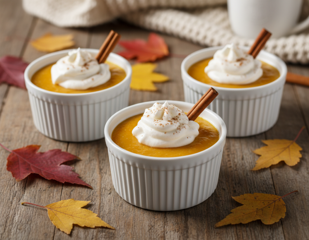 Pumpkin pudding in white ramekins with whipped cream Pumpkin pudding in white ramekins with whipped cream