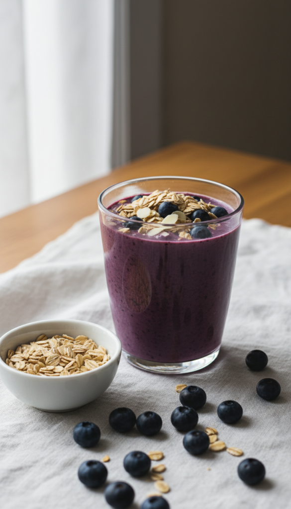 Purple blueberry smoothie with oats and blueberries on top