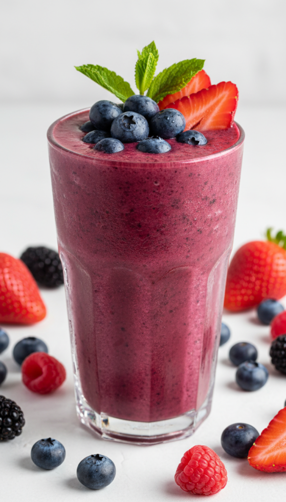 Purple-pink berry smoothie topped with fresh berries