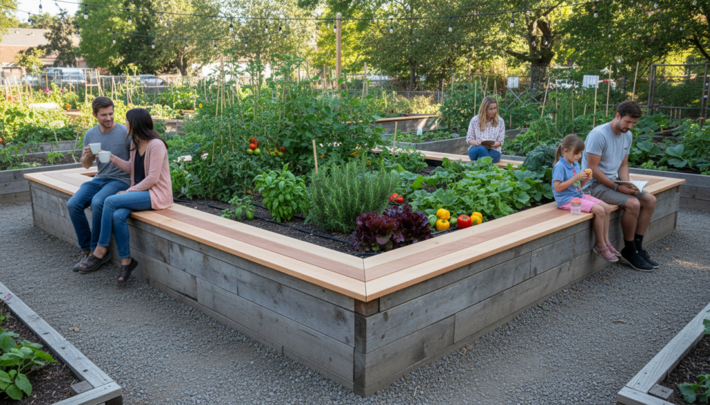 Raised garden bed with wooden bench seating edge Raised garden bed with wooden bench seating edge