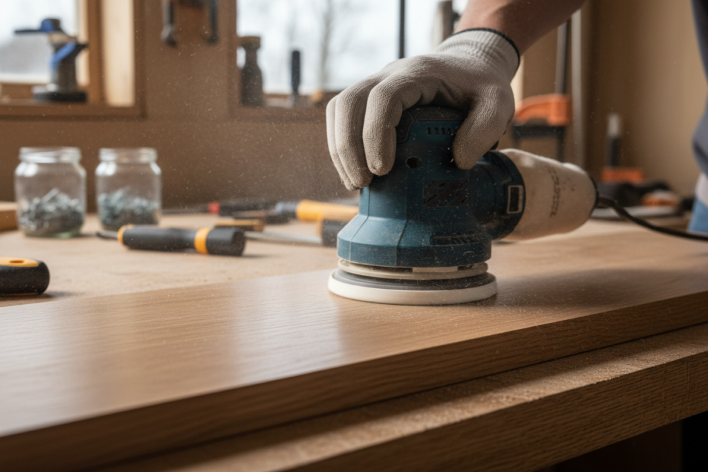 Random orbital sander smoothing wood surface Random orbital sander smoothing wood surface