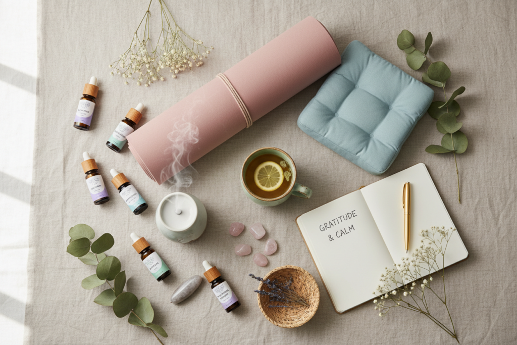 Relaxation tools including yoga mat and essential oils Relaxation tools including yoga mat and essential oils