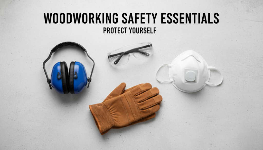 Safety equipment including goggles, ear protection, and dust mask for woodworking Safety equipment including goggles, ear protection, and dust mask for woodworking