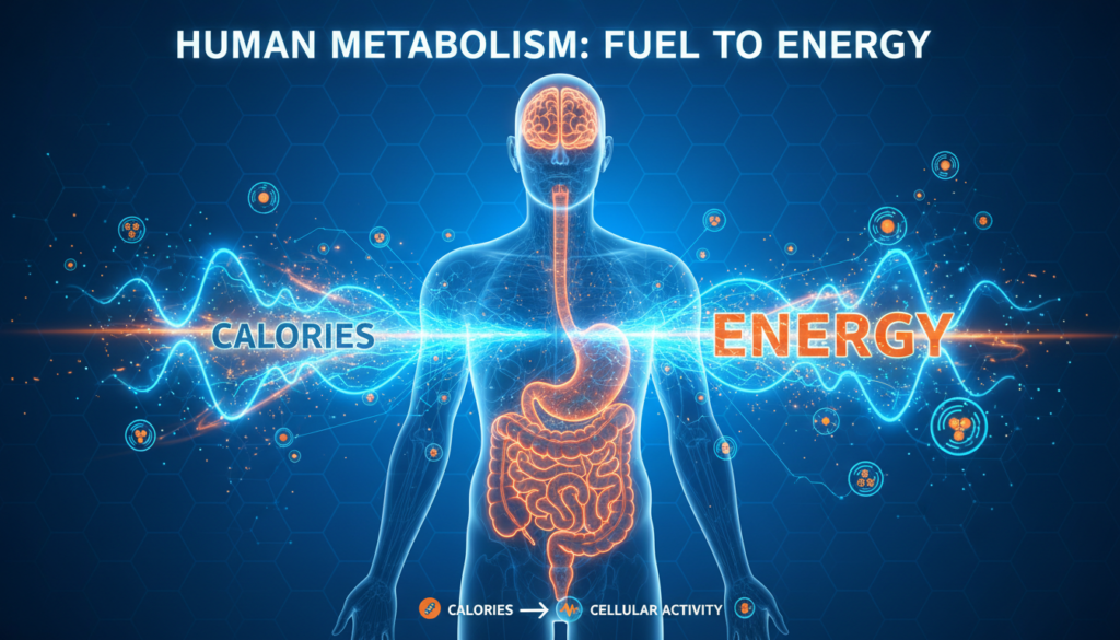 Scientific diagram showing human metabolism process with calories and energy Scientific diagram showing human metabolism process with calories and energy