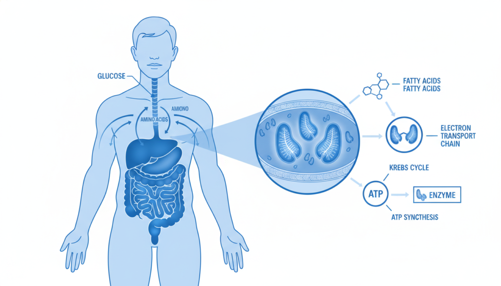 Scientific diagram showing metabolism and cellular energy production Scientific diagram showing metabolism and cellular energy production