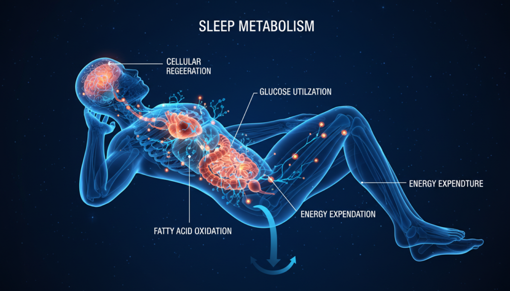 Scientific illustration of metabolism during sleep with cellular activity