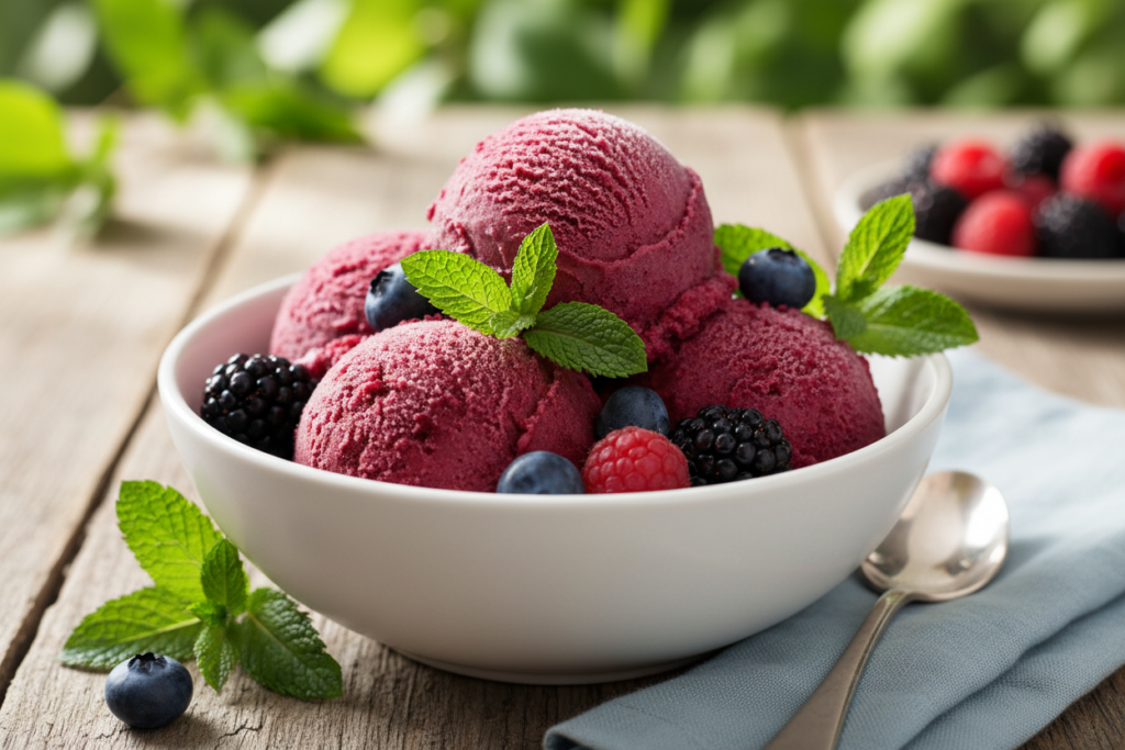 Scoops of berry sorbet in a white bowl Scoops of berry sorbet in a white bowl