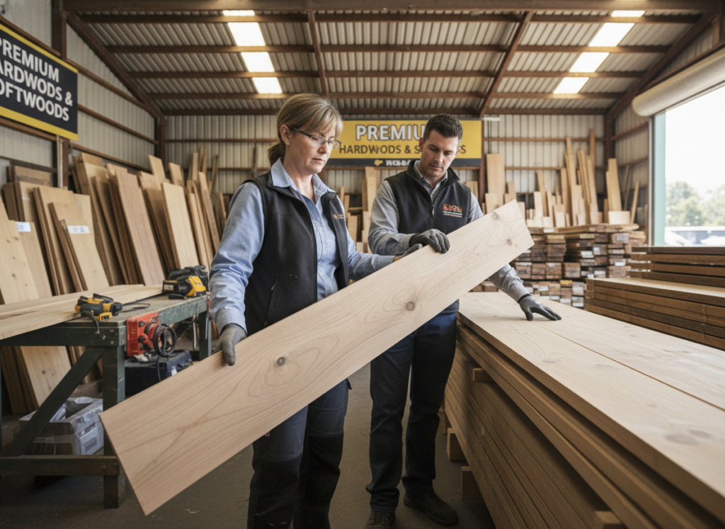 Selecting quality lumber at lumber yard Selecting quality lumber at lumber yard