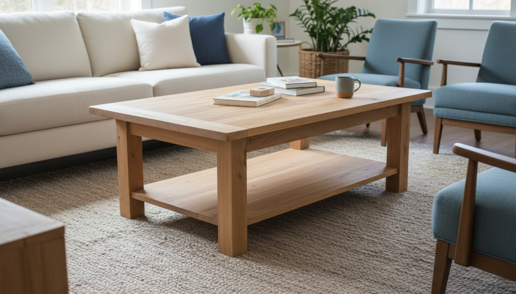 Simple wooden coffee table project completed by beginner woodworker Simple wooden coffee table project completed by beginner woodworker