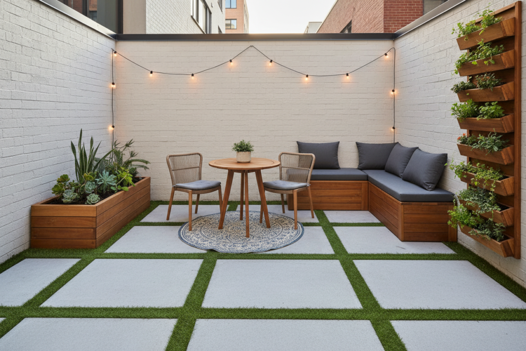 Small space patio with scaled-down wooden furniture Small space patio with scaled-down wooden furniture