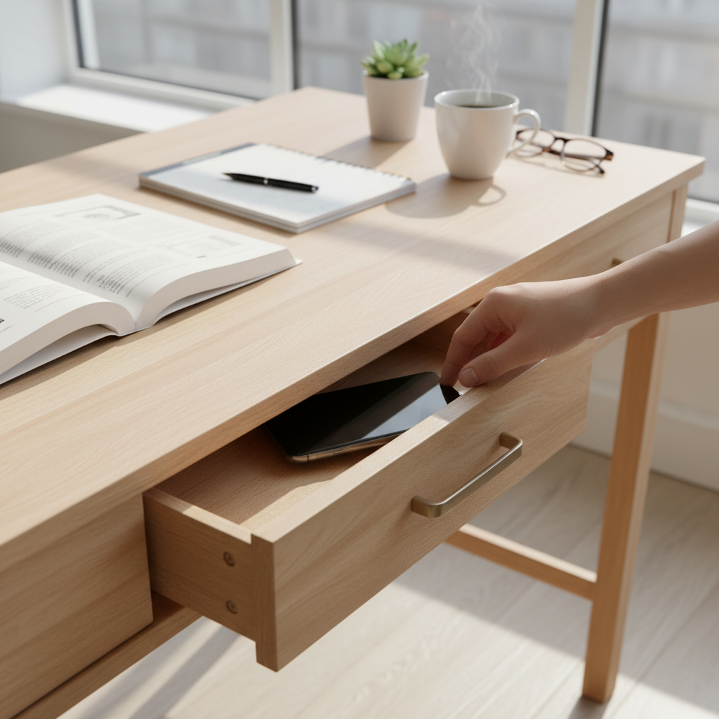 Smartphone placed in a drawer away from study area Smartphone placed in a drawer away from study area