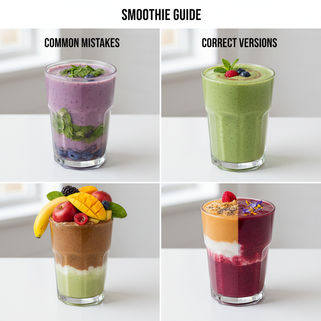 Split image showing smoothie mistakes versus correct methods