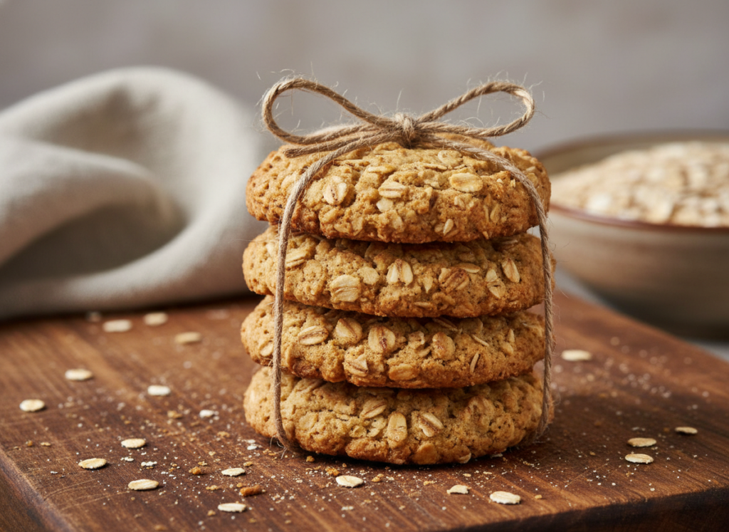 Stack of banana oat cookies tied with twine Stack of banana oat cookies tied with twine