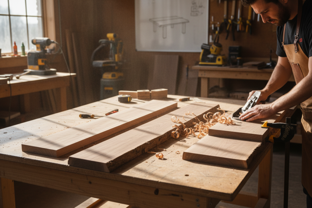 Step-by-step coffee table building process from wood boards to finished table Step-by-step coffee table building process from wood boards to finished table