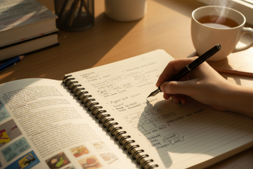 Student actively taking handwritten notes Student actively taking handwritten notes