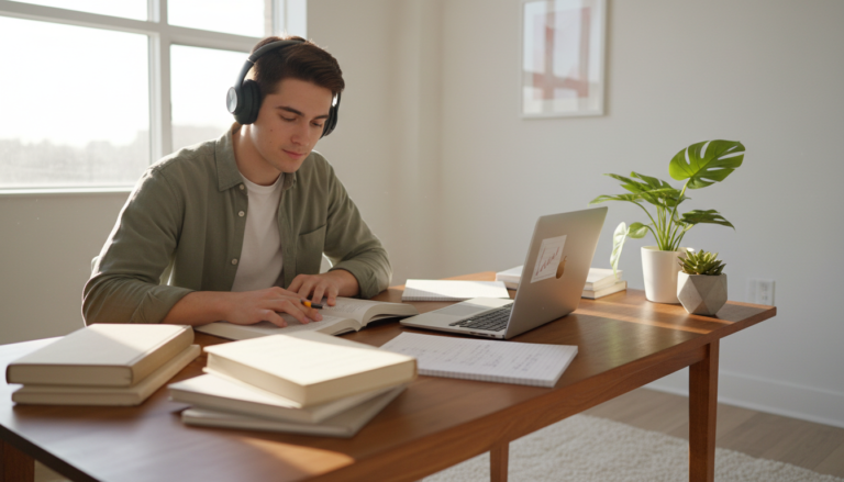 Student studying with complete focus in organized study environment