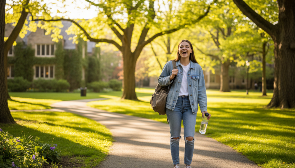 Student taking a refreshing break outdoors Student taking a refreshing break outdoors