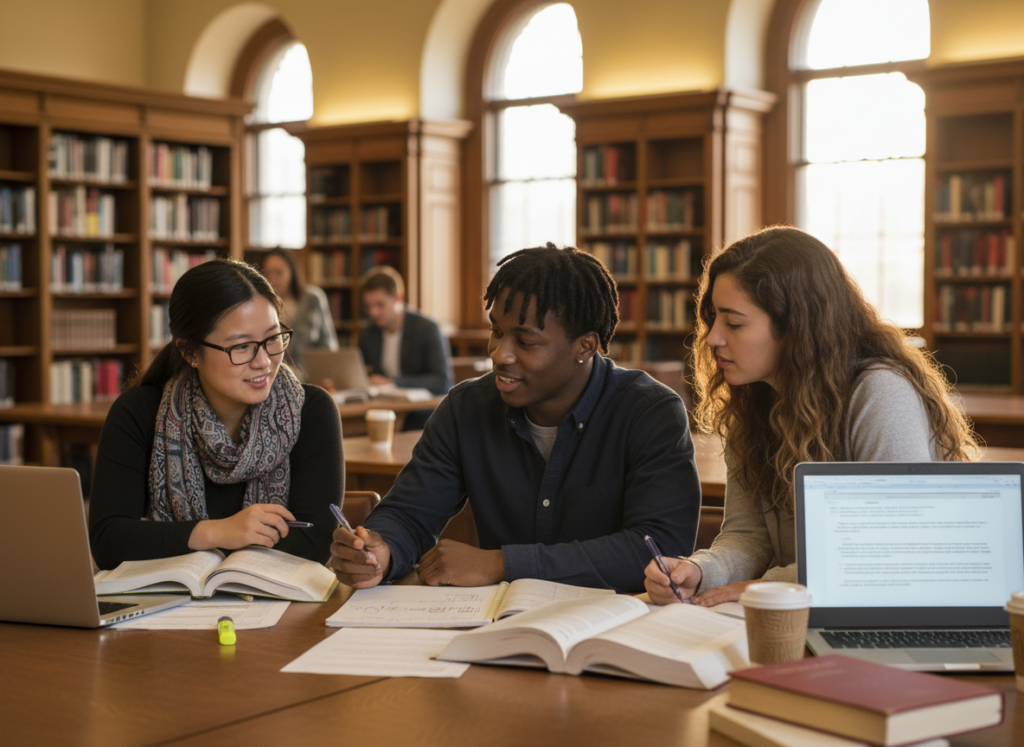 Students in productive study group session Students in productive study group session