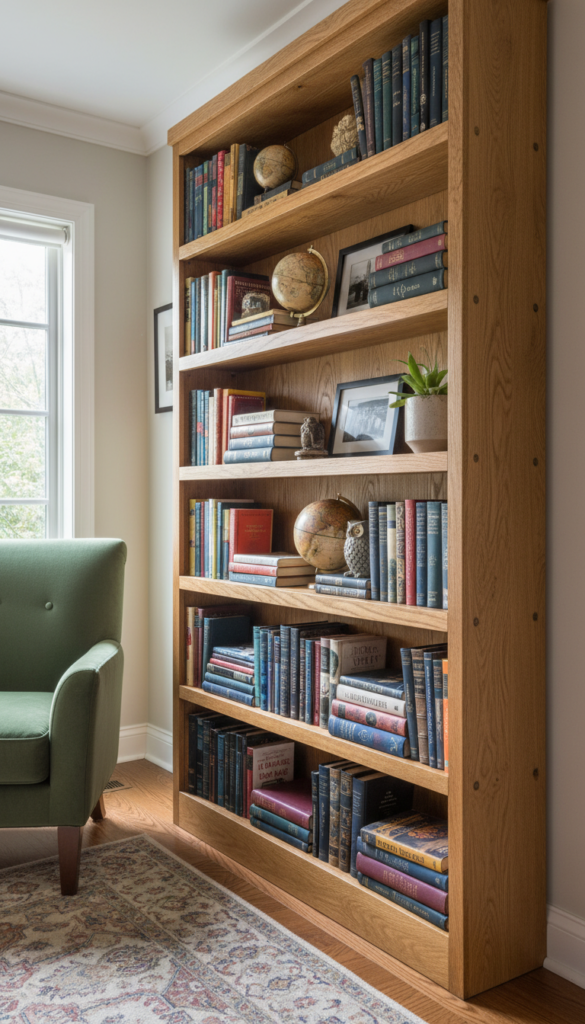 Tall wooden bookshelf filled with books against wall Tall wooden bookshelf filled with books against wall