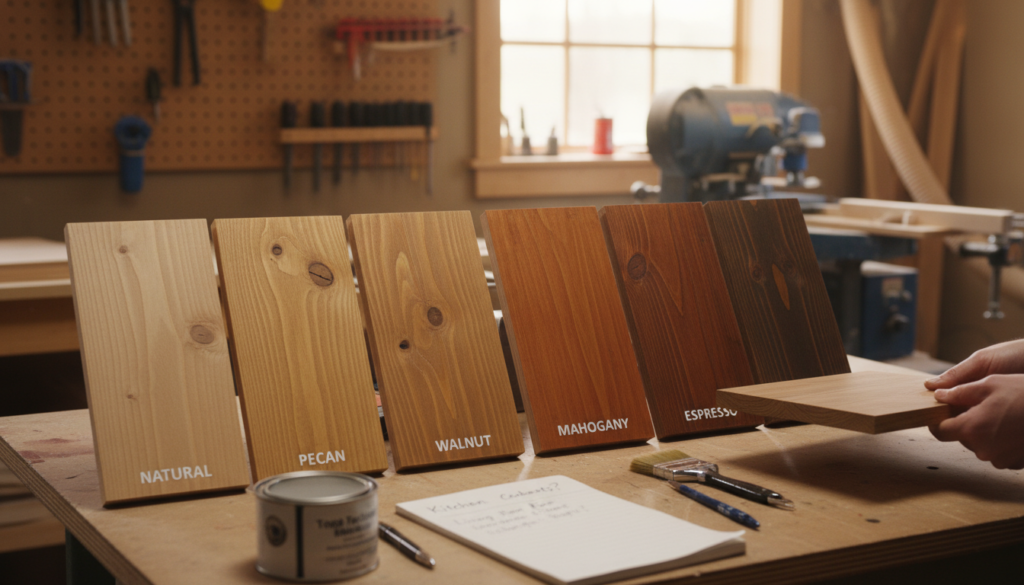 Testing wood stain colors on sample boards before applying to bookshelf