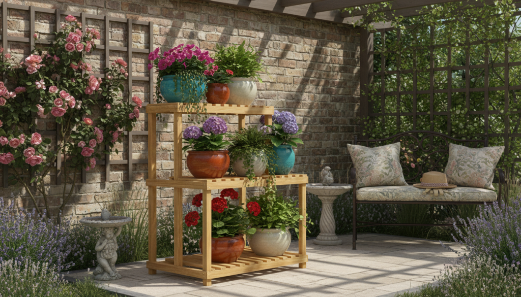 Three-tier wooden plant stand with various potted flowers Three-tier wooden plant stand with various potted flowers