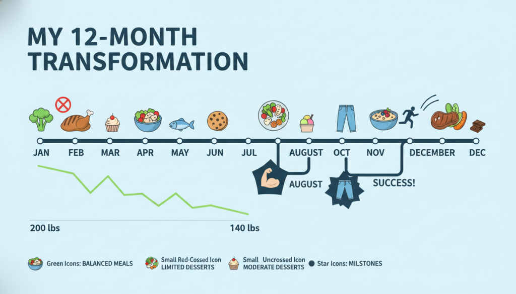 Timeline showing sustainable weight loss journey with desserts included Timeline showing sustainable weight loss journey with desserts included