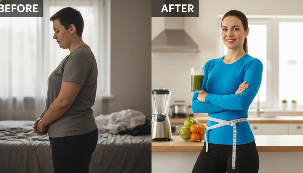 Transformation showing before and after weight loss journey with smoothies Transformation showing before and after weight loss journey with smoothies