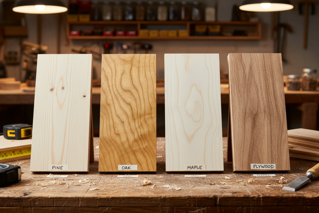 Variety of wood types and materials for furniture building laid out and labeled Variety of wood types and materials for furniture building laid out and labeled