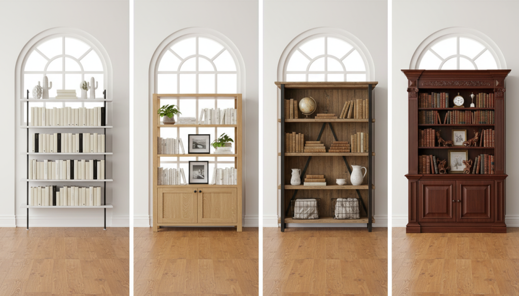 Various bookshelf design styles from simple to ornate displayed in showroom
