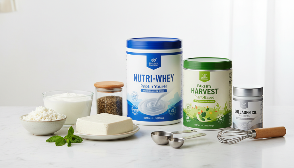 Various protein powder options and whole food protein sources for smoothies