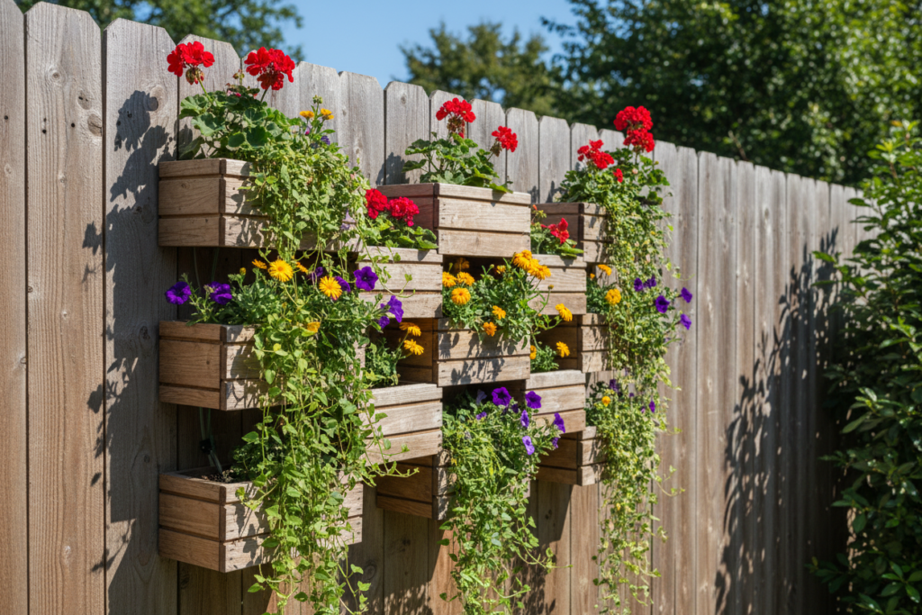 Vertical wooden planter mounted on fence with cascading plants Vertical wooden planter mounted on fence with cascading plants