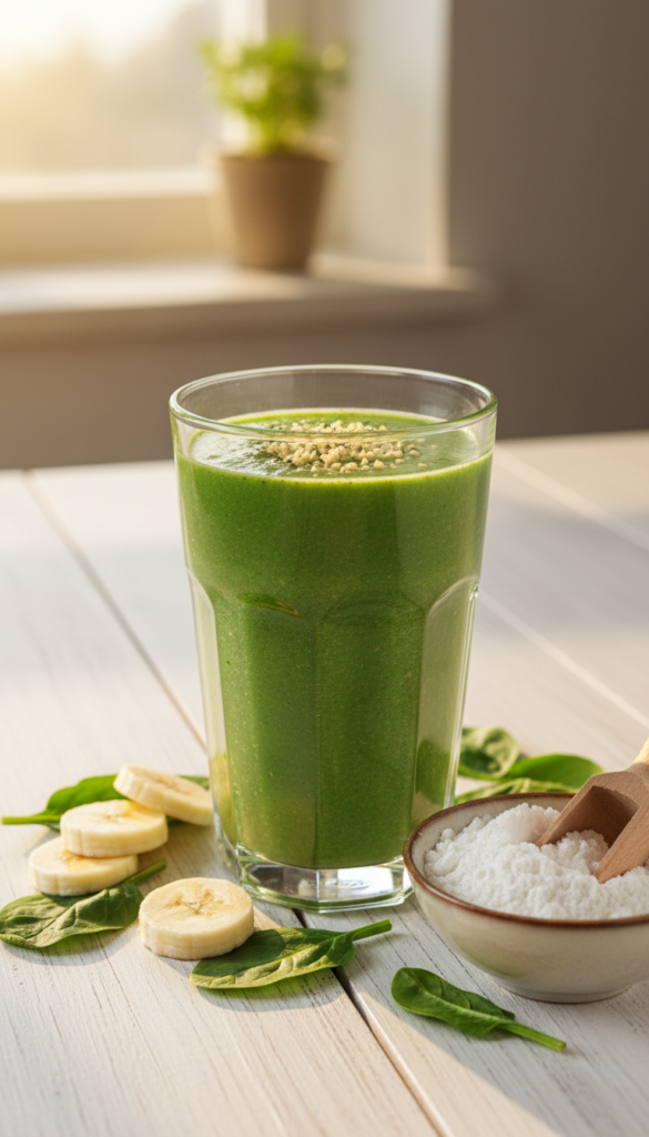 Vibrant green smoothie in tall glass with fresh spinach leaves