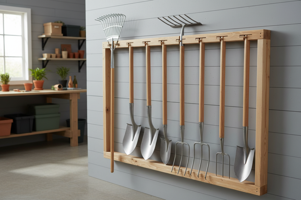 Wall-mounted wooden garden tool organizer with tools Wall-mounted wooden garden tool organizer with tools