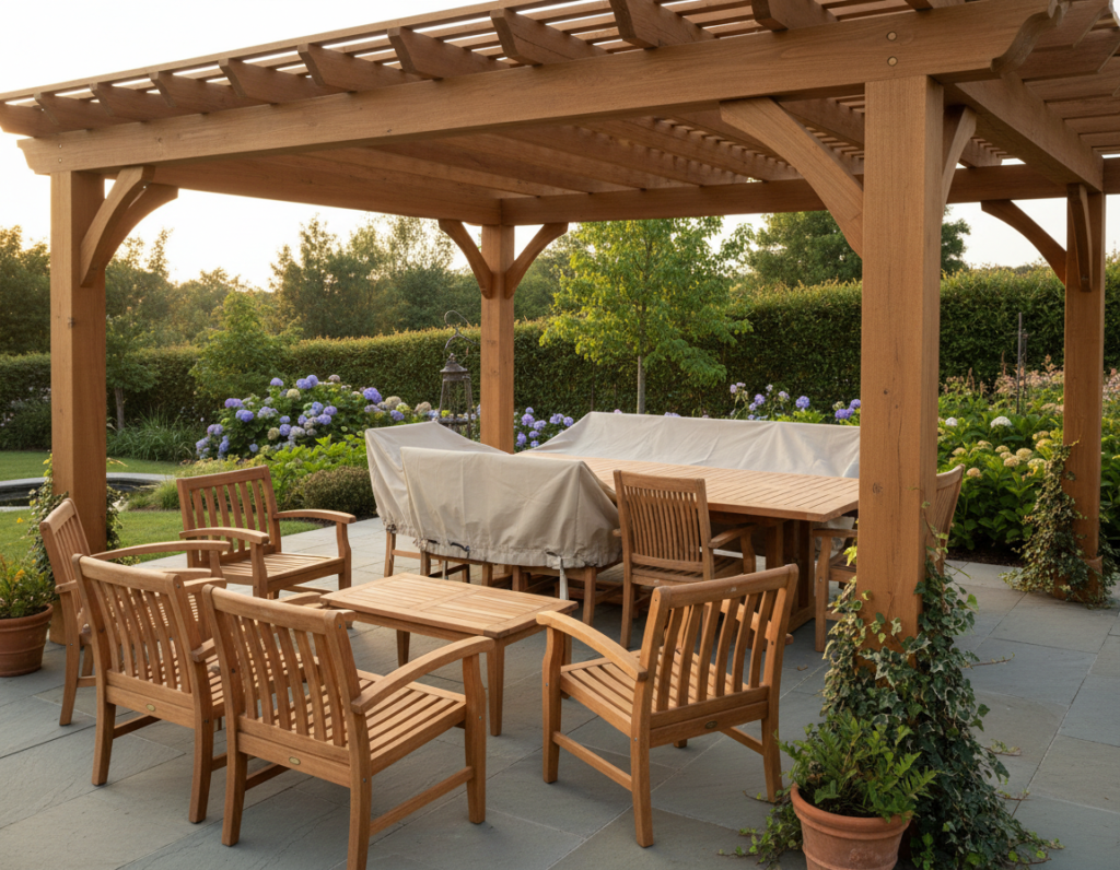 Weather-protected wooden garden furniture under pergola Weather-protected wooden garden furniture under pergola