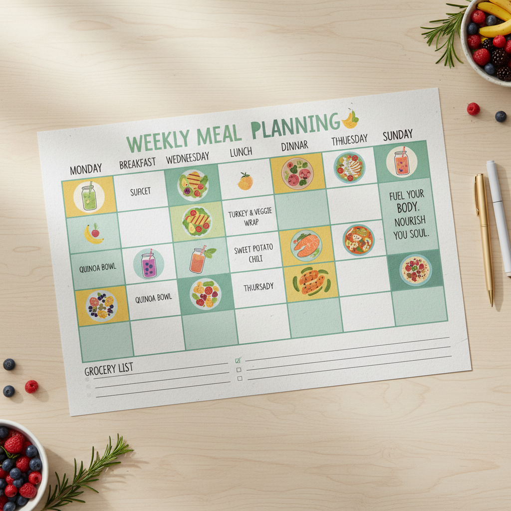 Weekly meal plan calendar with smoothies marked