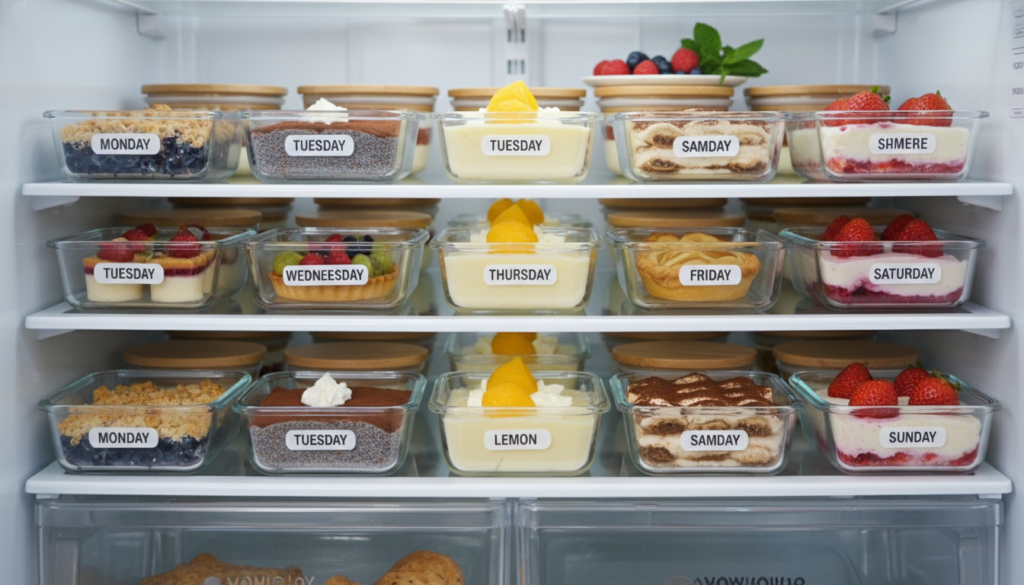 Weekly meal prep containers with portioned desserts Weekly meal prep containers with portioned desserts