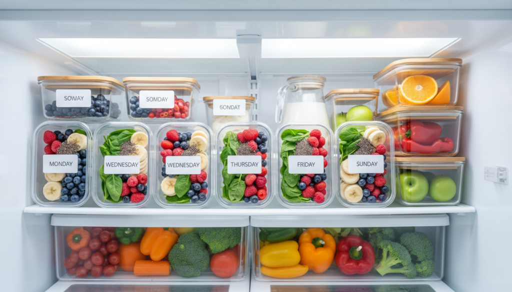 Weekly meal prep showing smoothie ingredients organized Weekly meal prep showing smoothie ingredients organized