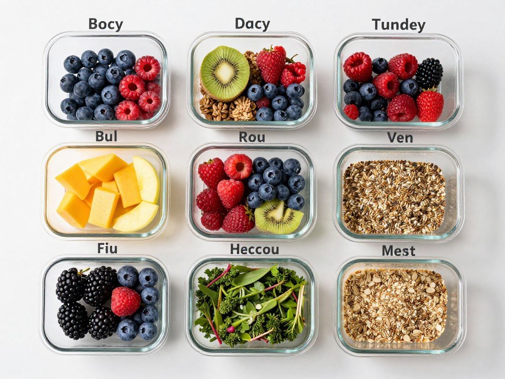 Week's worth of prepped smoothie ingredients in containers