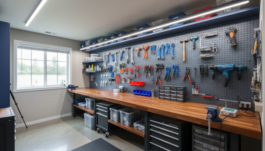 Well-organized home workshop with tool storage and workbench Well-organized home workshop with tool storage and workbench